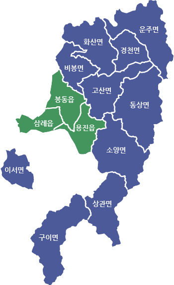 완주군 읍면 지도(삼례읍, 봉동읍, 용진읍, 상관면, 이서면, 소양면, 구이면, 고산면, 비봉면, 운주면, 화산면, 동상면, 경천면)